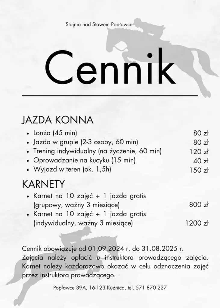 cennik jazdy konnej Popławce